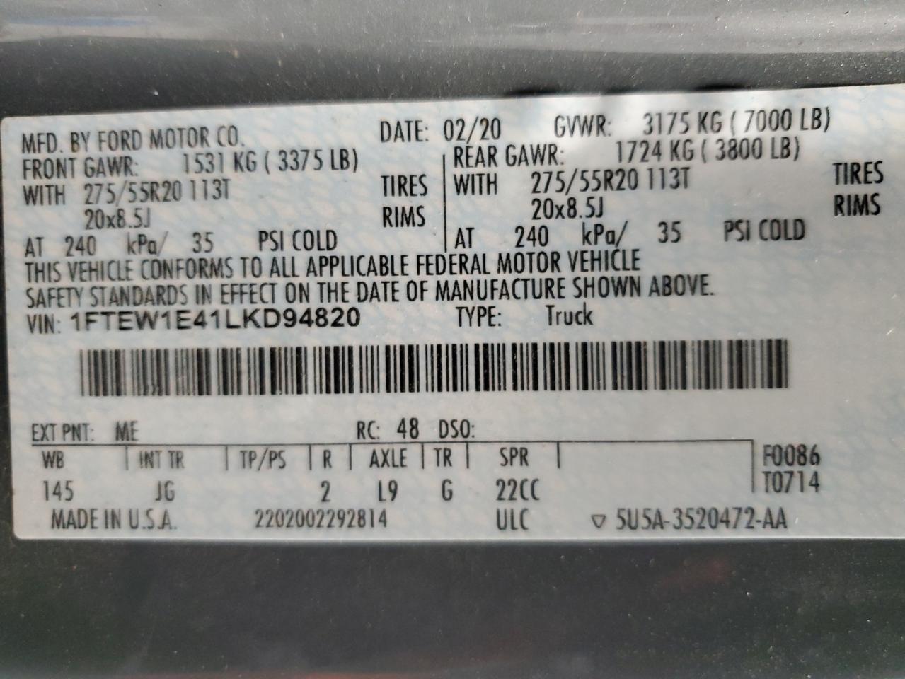 1FTEW1E41LKD94820 FORD F-150 2020
