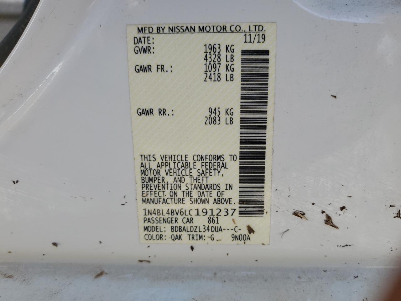 2020 Nissan Altima S VIN: 1N4BL4BV6LC191237 Lot: 49662085