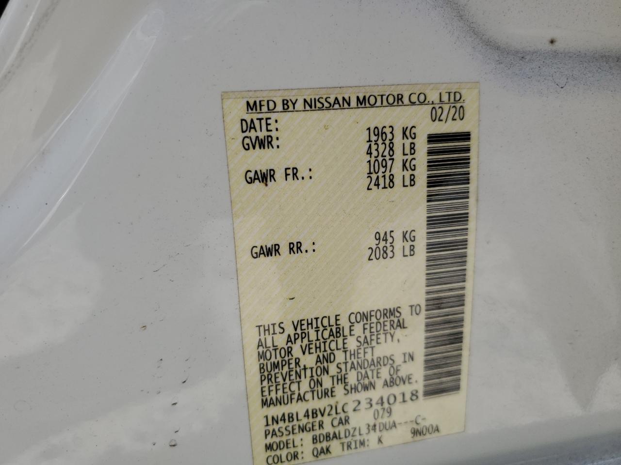 2020 Nissan Altima S VIN: 1N4BL4BV2LC234018 Lot: 47261495