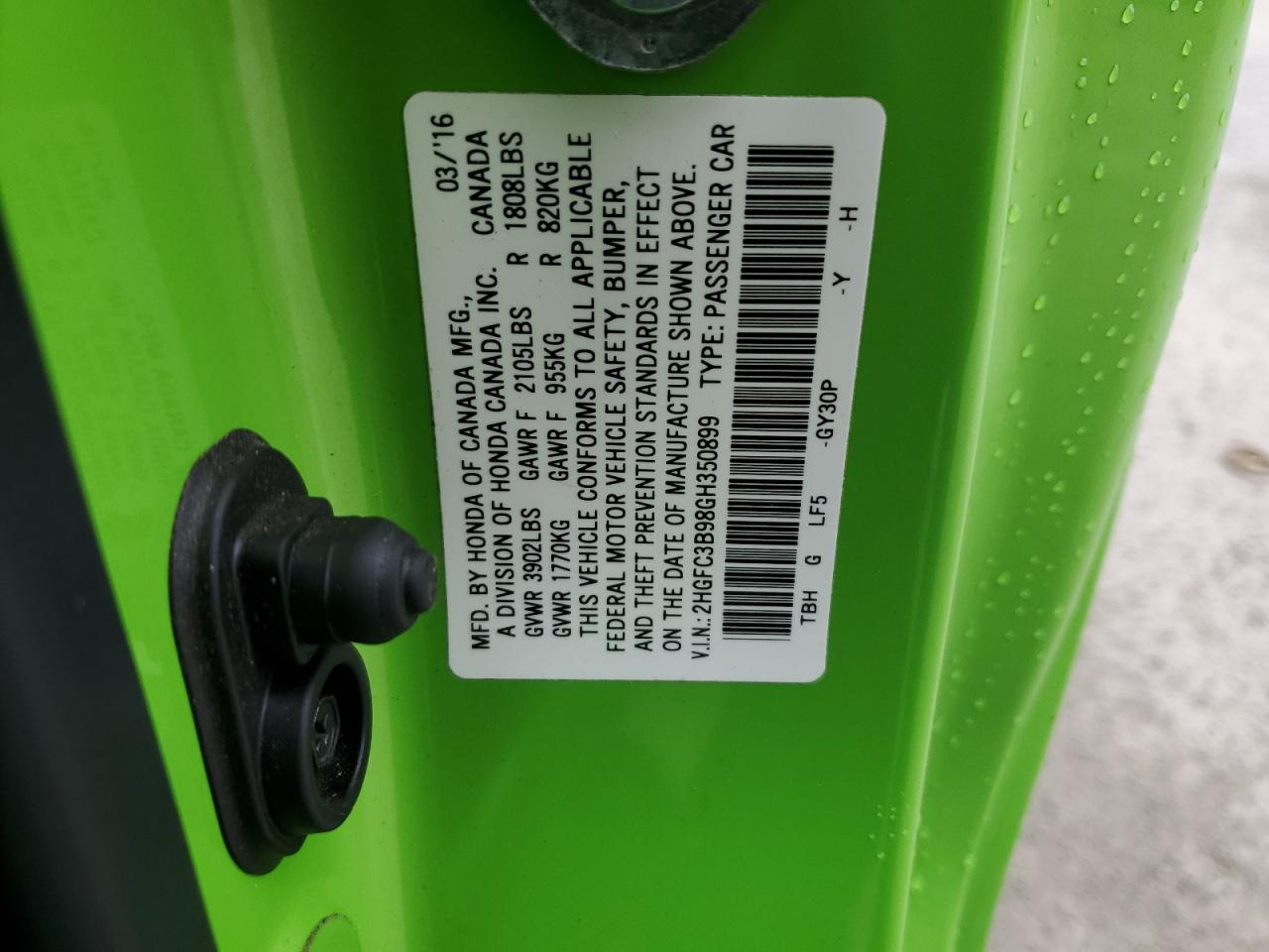 2HGFC3B98GH350899 HONDA CIVIC 2016