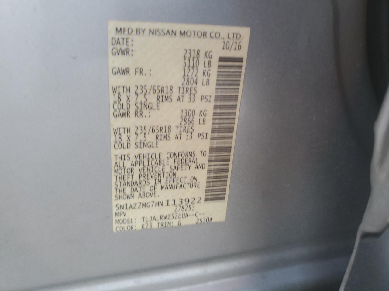 5N1AZ2MG7HN113922 NISSAN MURANO 2017