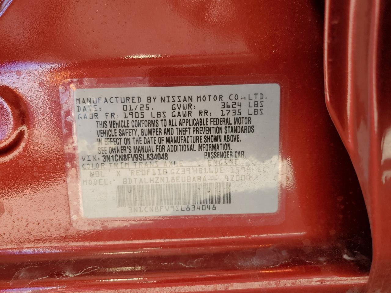 3N1CN8FV9SL834048 NISSAN VERSA 2025