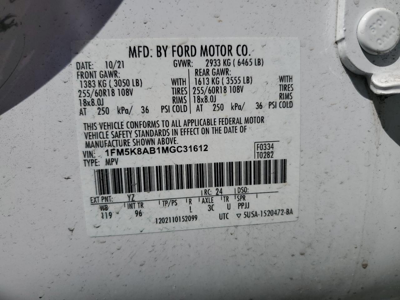 1FM5K8AB1MGC31612 FORD EXPLORER 2021