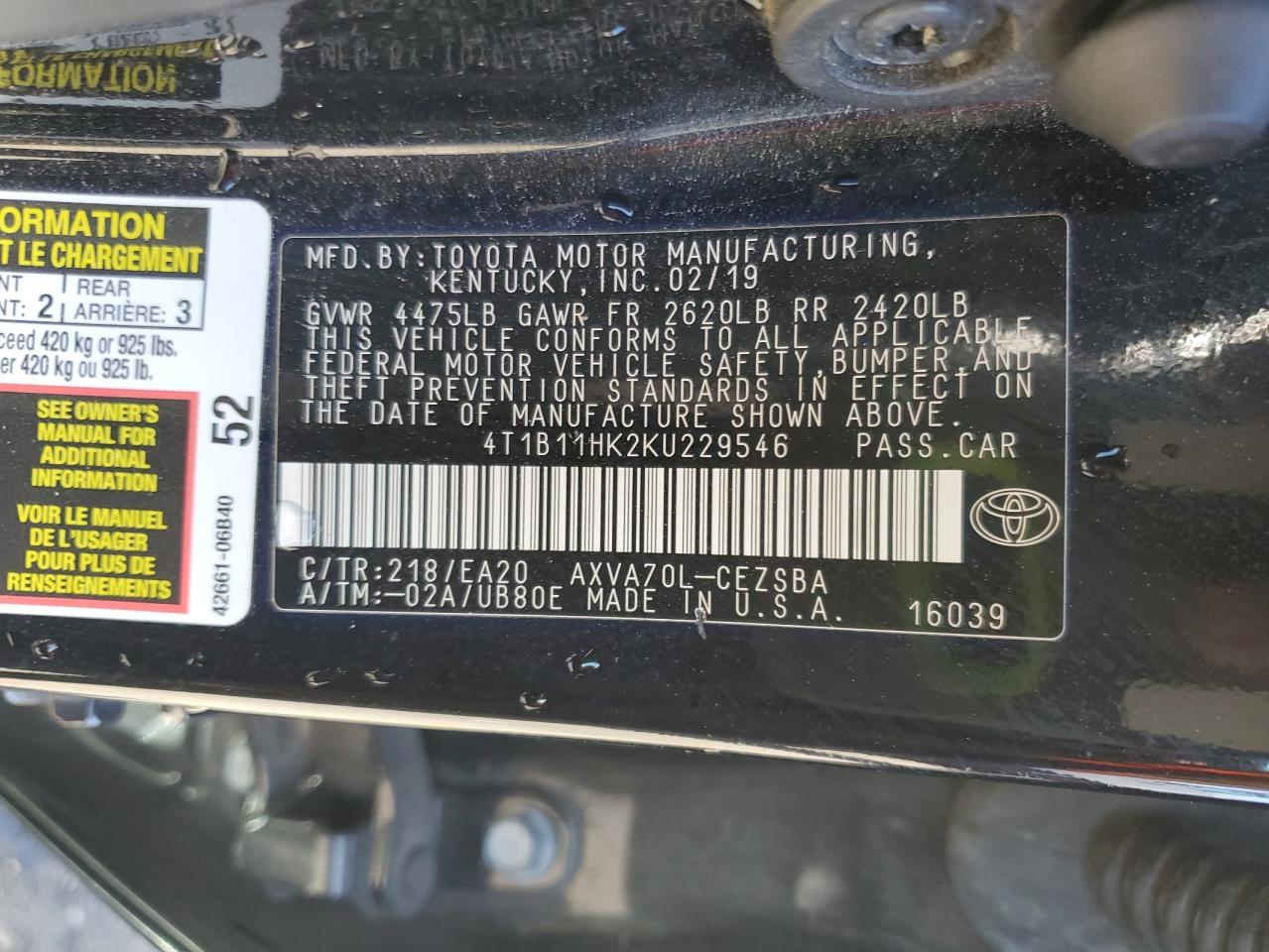 4T1B11HK2KU229546 TOYOTA CAMRY 2019