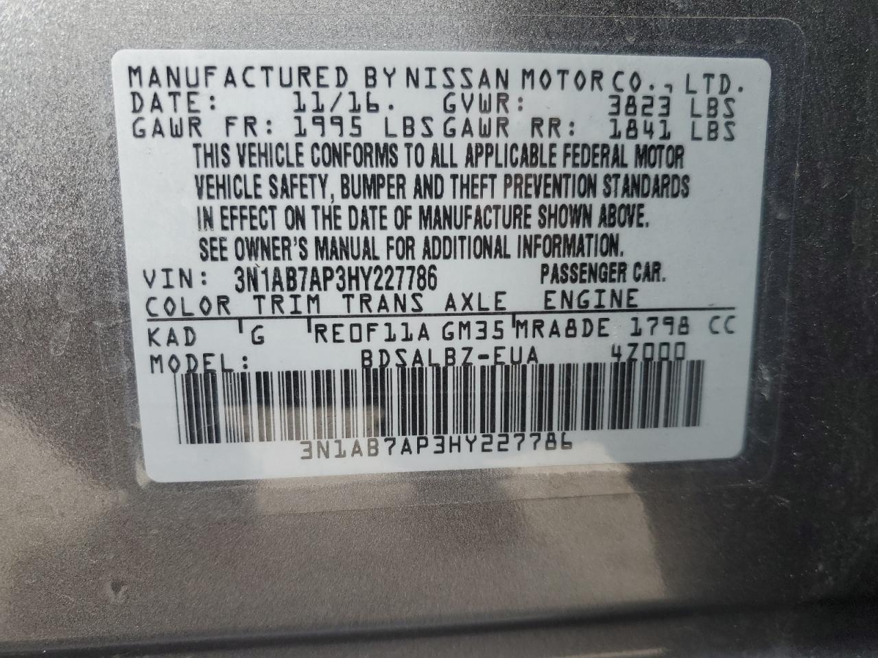 3N1AB7AP3HY227786 NISSAN SENTRA 2017