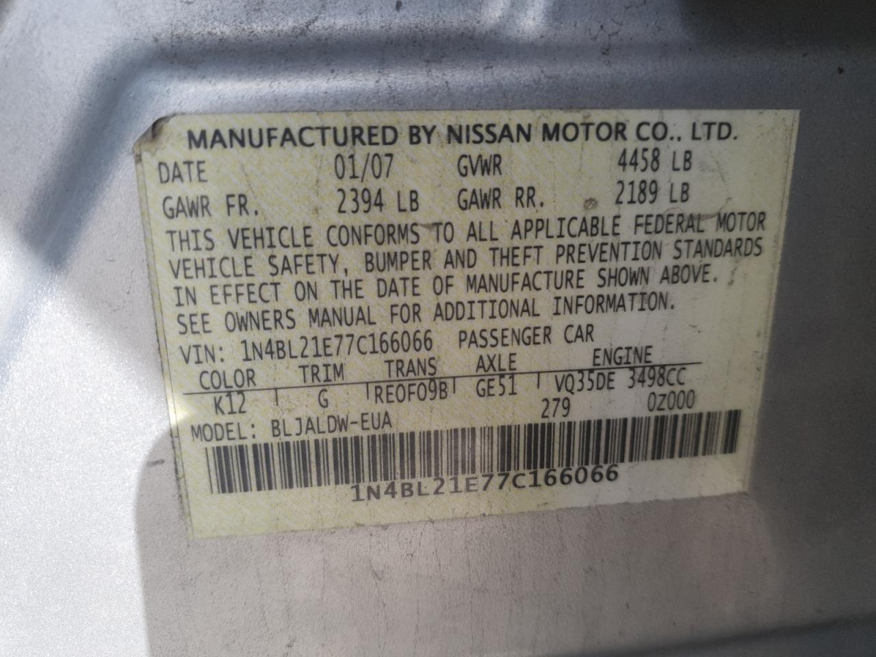 2007 Nissan Altima 3.5Se VIN: 1N4BL21E77C166066 Lot: 48795195