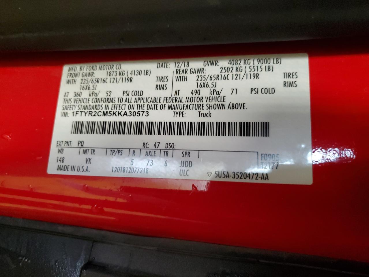 1FTYR2CM5KKA30573 FORD TRANSIT 2019