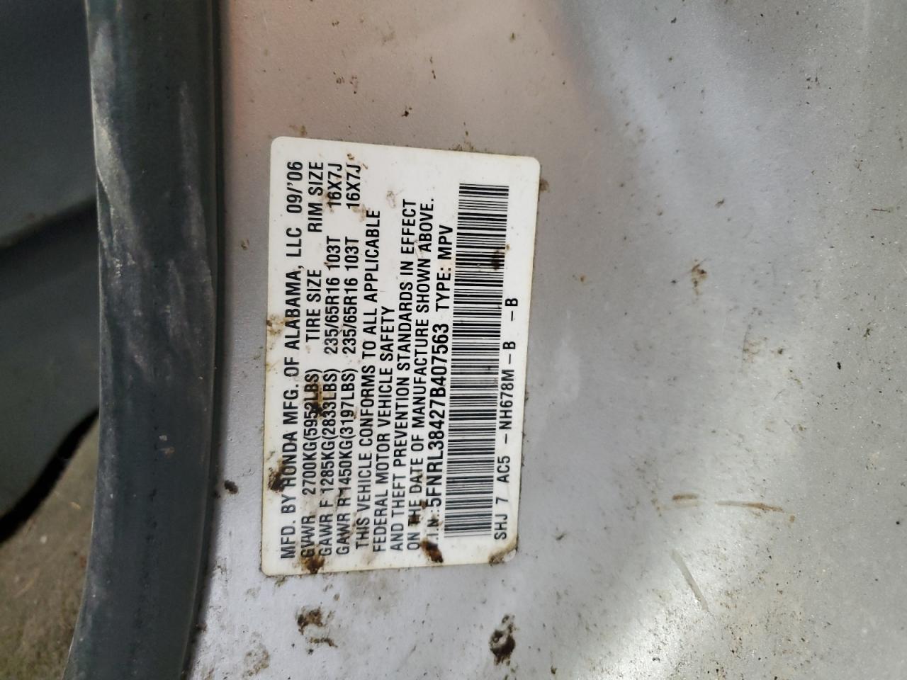 2007 Honda Odyssey Ex VIN: 5FNRL38427B407563 Lot: 48264385