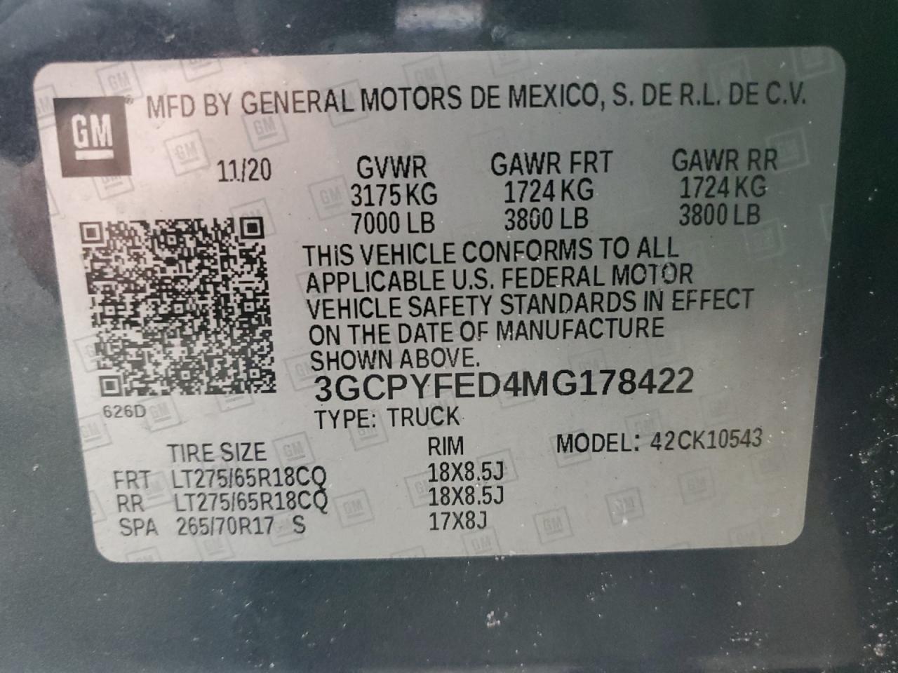 3GCPYFED4MG178422 CHEVROLET ALL Models 2021