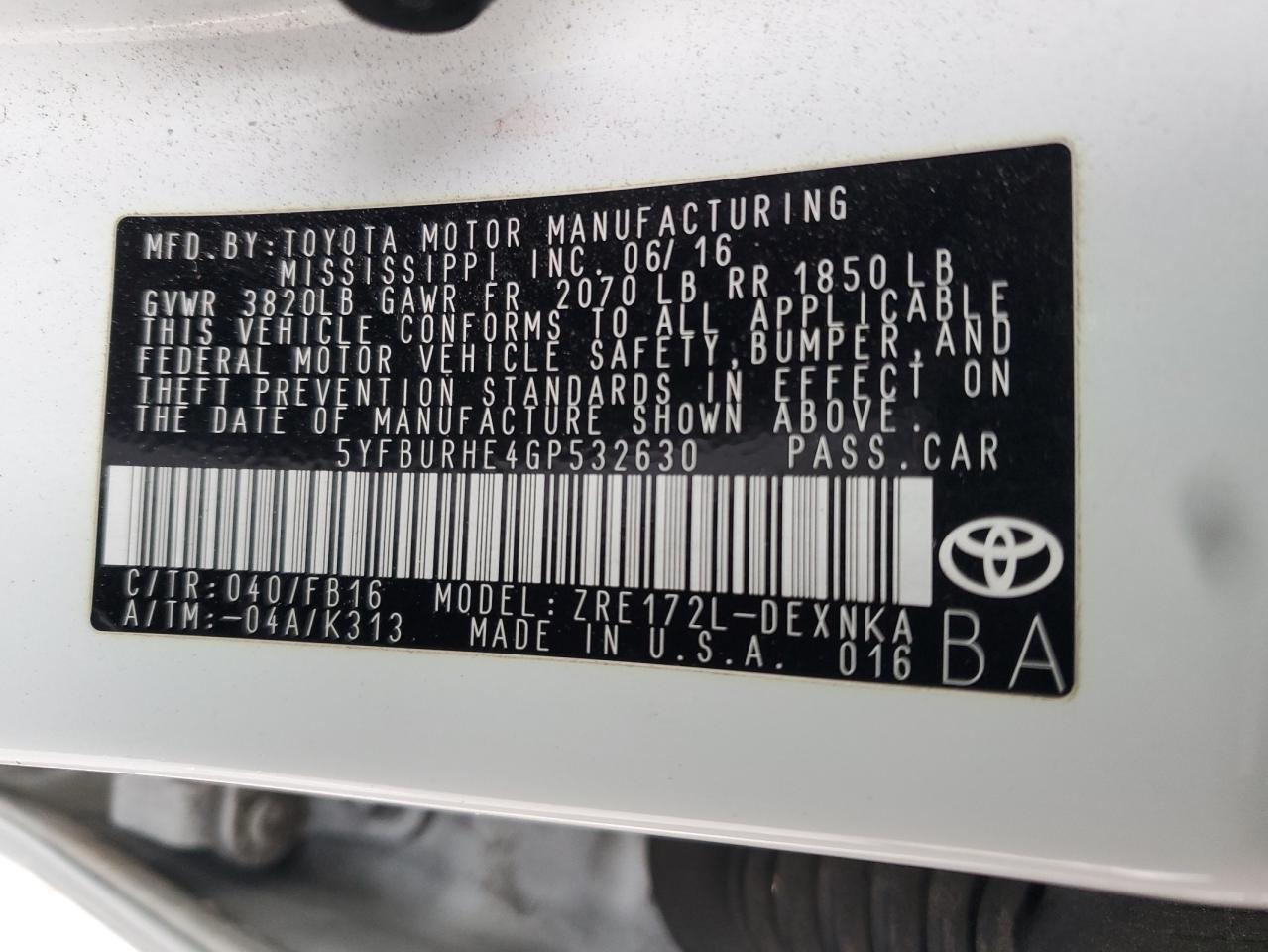 2016 Toyota Corolla L VIN: 5YFBURHE4GP532630 Lot: 46956695
