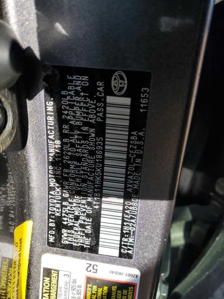 4T1B11HK5KU186935 TOYOTA CAMRY 2019