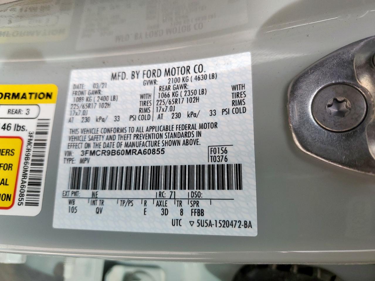 2021 Ford Bronco Sport Big Bend VIN: 3FMCR9B60MRA60855 Lot: 47789055