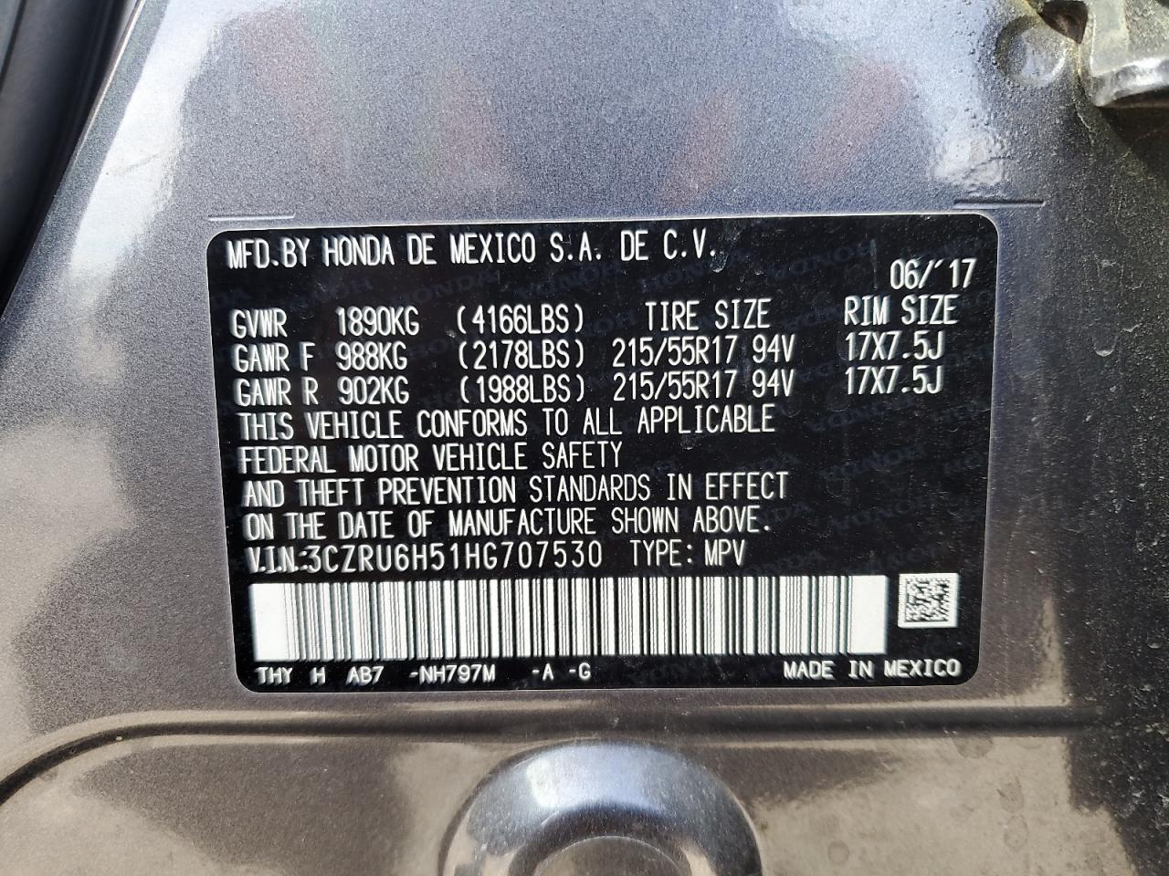 3CZRU6H51HG707530 HONDA HR-V 2017