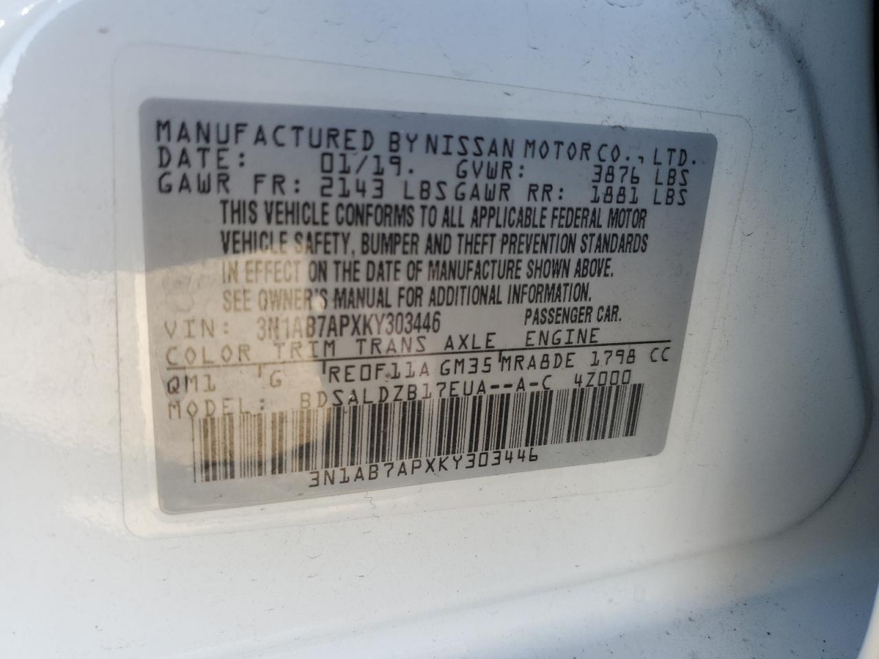 3N1AB7APXKY303446 NISSAN SENTRA 2019