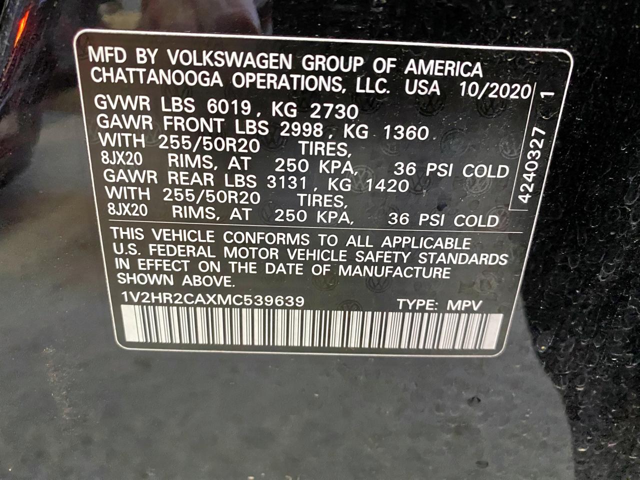 2021 Volkswagen Atlas Se VIN: 1V2HR2CAXMC539639 Lot: 48636635