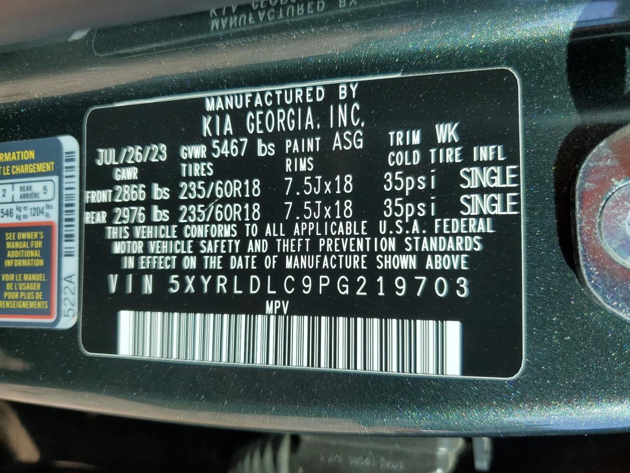 2023 Kia Sorento S VIN: 5XYRLDLC9PG219703 Lot: 53644585