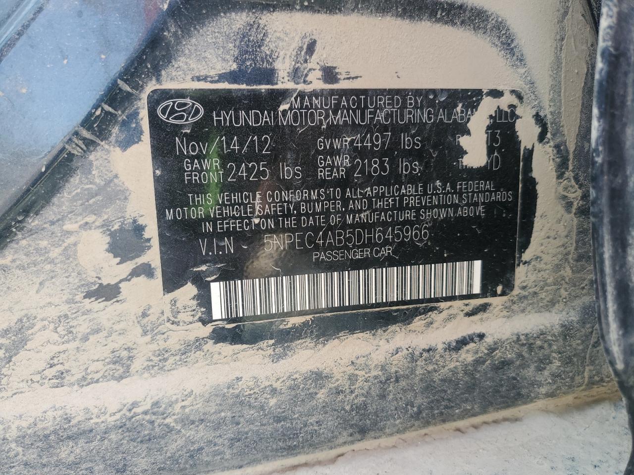 2013 Hyundai Sonata Se VIN: 5NPEC4AB5DH645966 Lot: 51115965