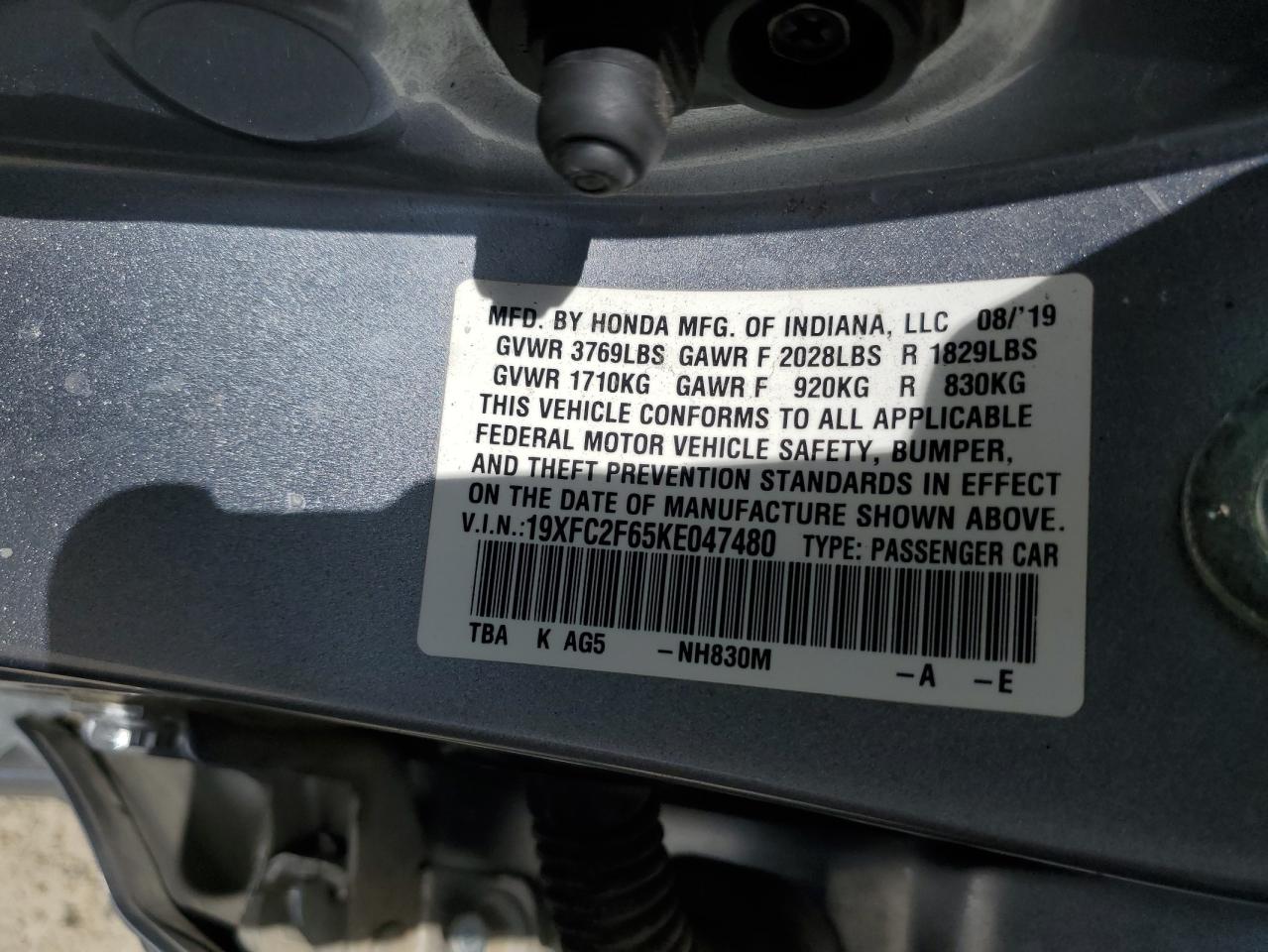 19XFC2F65KE047480 HONDA CIVIC 2019