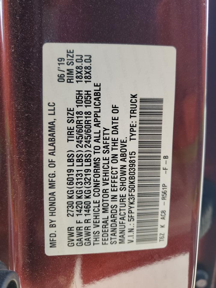5FPYK3F50KB039815 HONDA RIDGELINE 2019