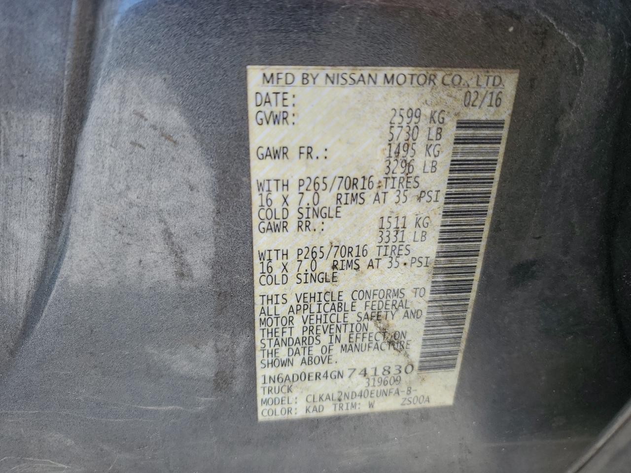 1N6AD0ER4GN741830 NISSAN FRONTIER 2016