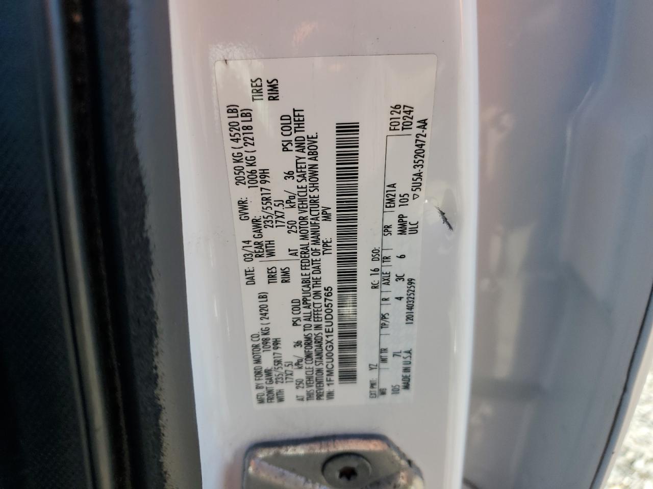 2014 Ford Escape Se VIN: 1FMCU0GX1EUD05765 Lot: 50130655