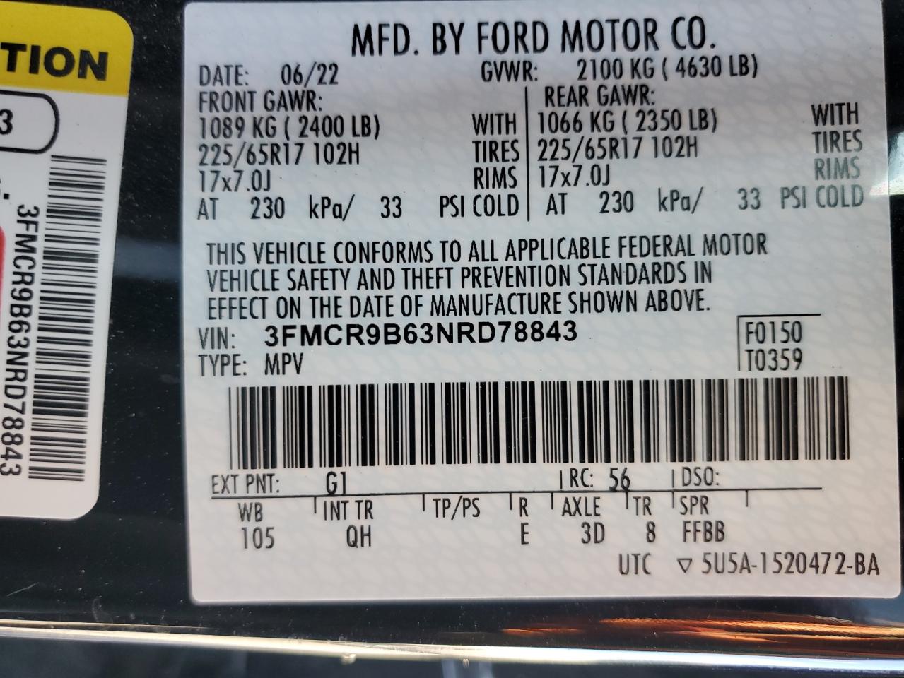 3FMCR9B63NRD78843 FORD BRONCO 2022
