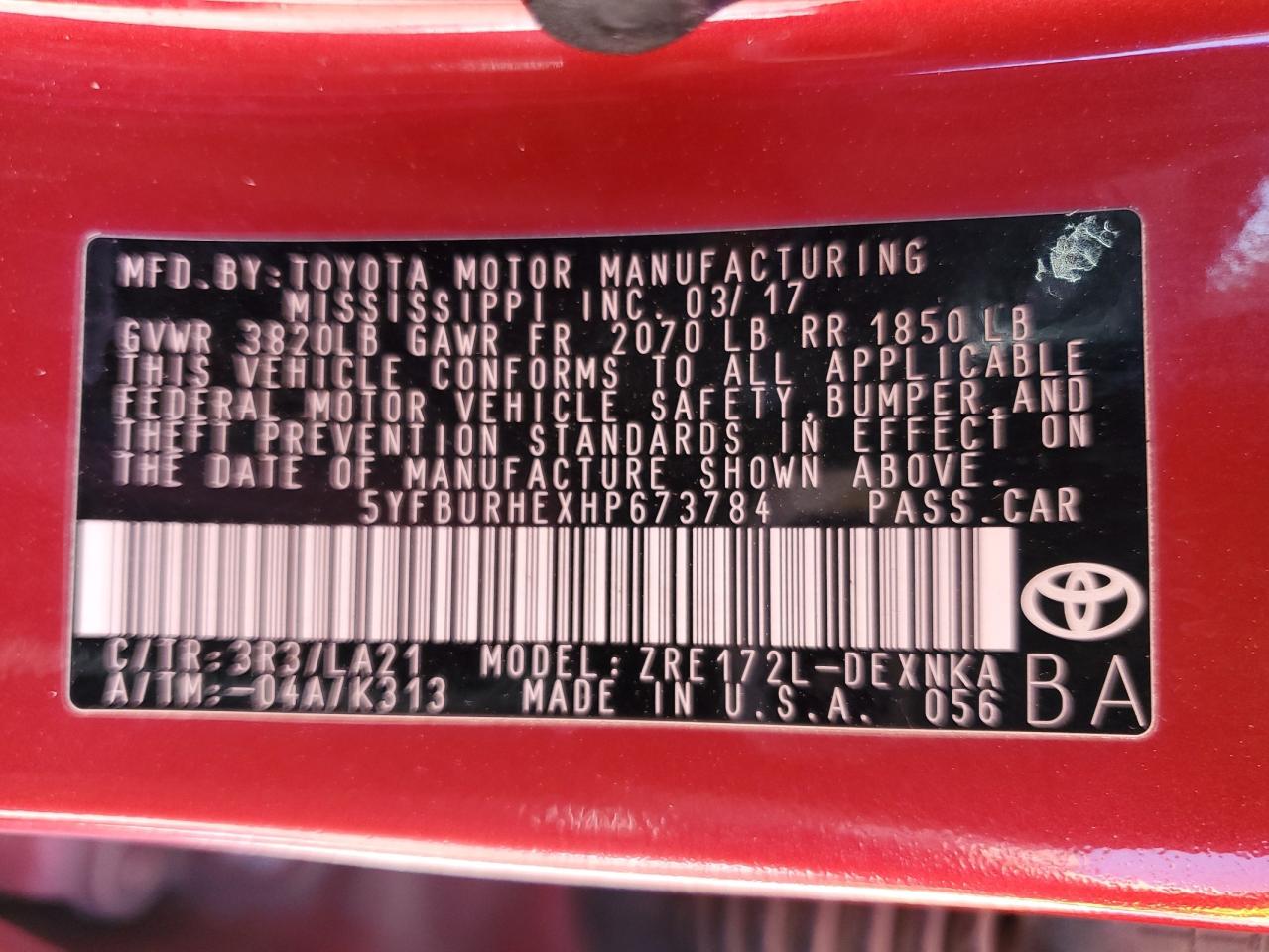 2017 Toyota Corolla L VIN: 5YFBURHEXHP673784 Lot: 49715435