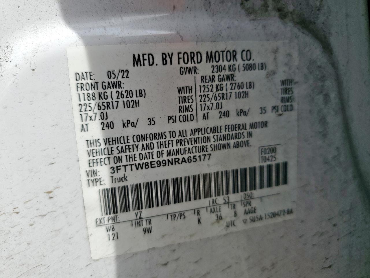 3FTTW8E99NRA65177 FORD MAVERICK 2022