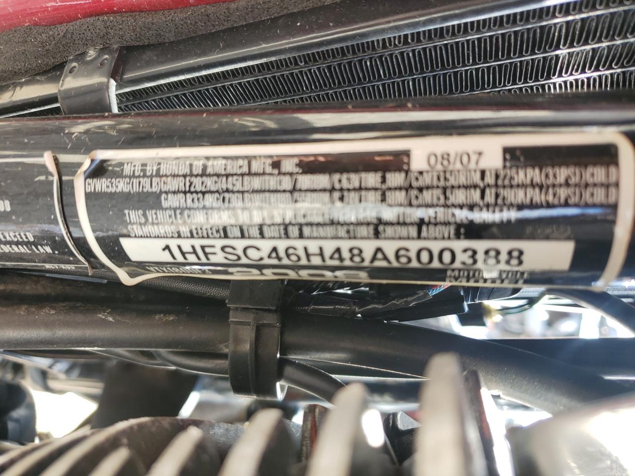 2008 Honda Vtx1800 F3 VIN: 1HFSC46H48A600388 Lot: 46292145