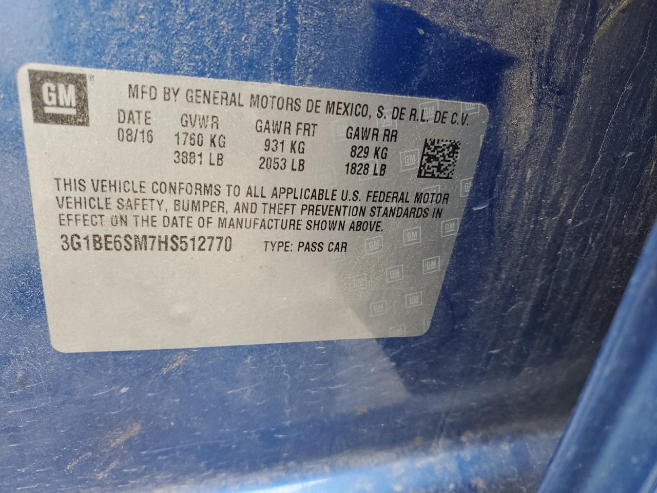 3G1BE6SM7HS512770 CHEVROLET CRUZE 2017