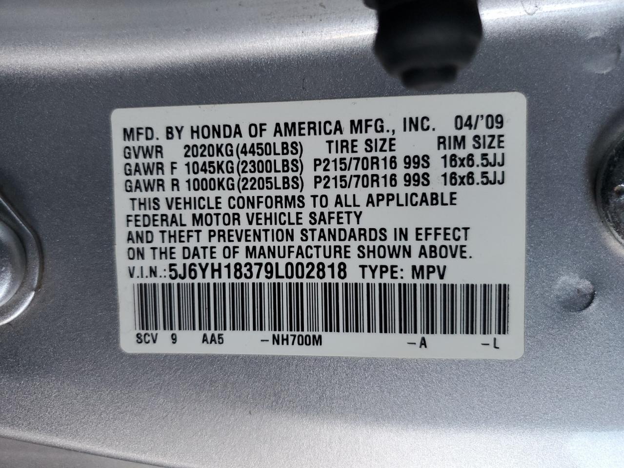 2009 Honda Element Lx VIN: 5J6YH18379L002818 Lot: 50542185