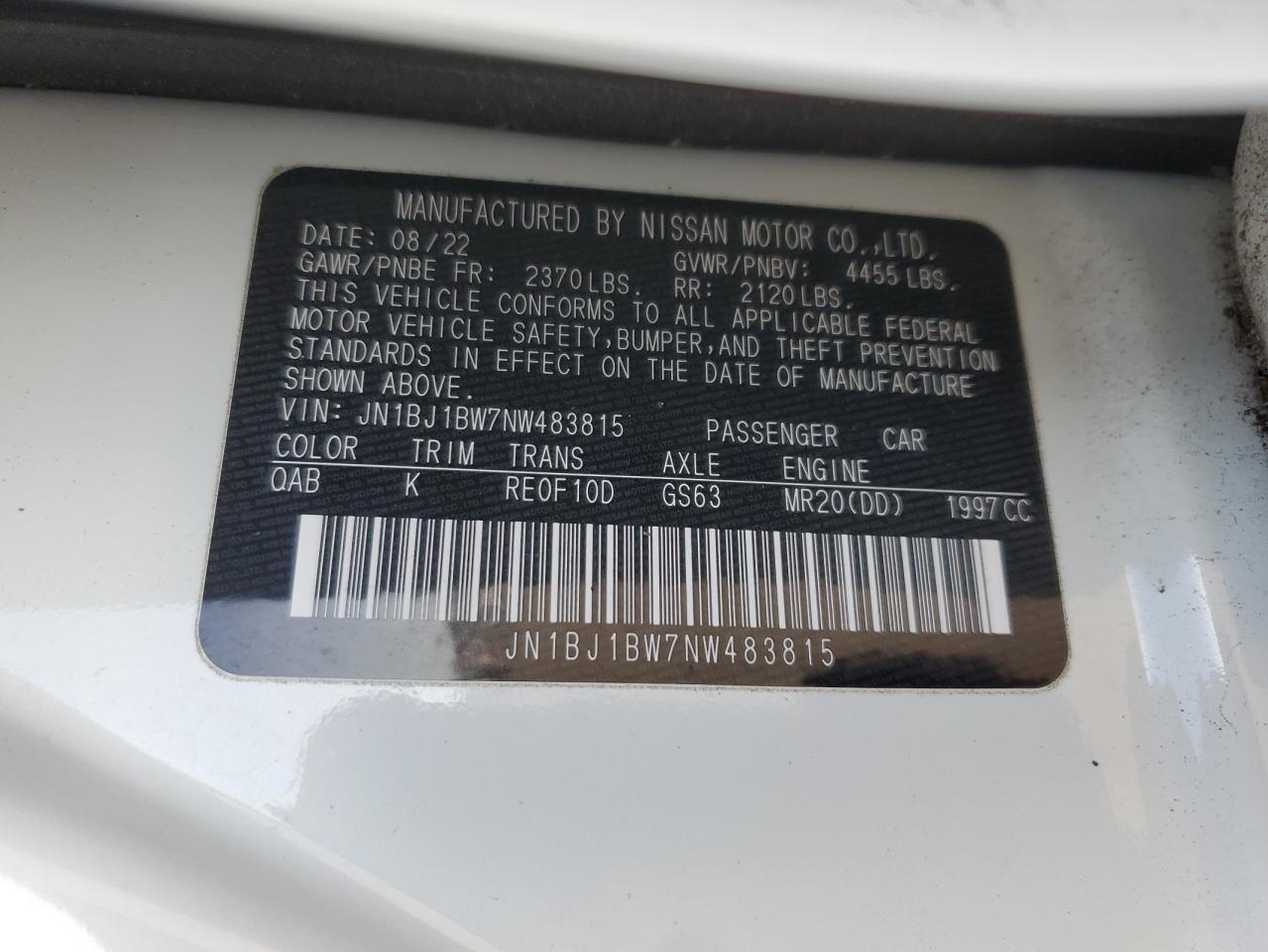 2022 Nissan Rogue Sport Sv VIN: JN1BJ1BW7NW483815 Lot: 49032205
