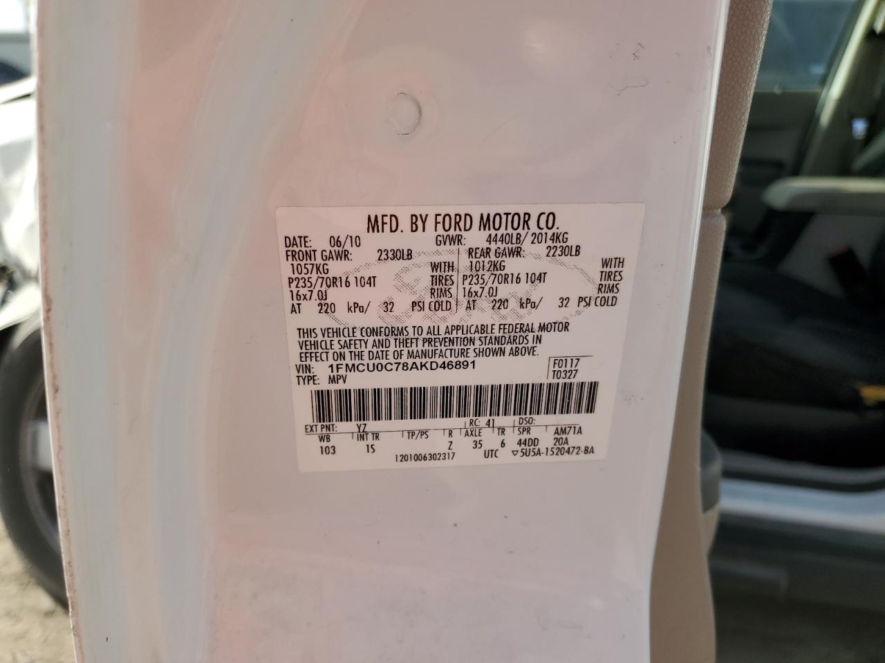 2010 Ford Escape Xls VIN: 1FMCU0C78AKD46891 Lot: 49100005