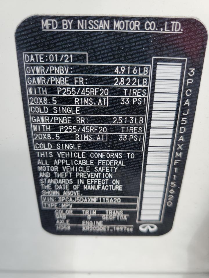 2021 Infiniti Qx50 Sensory VIN: 3PCAJ5DAXMF115620 Lot: 49134085