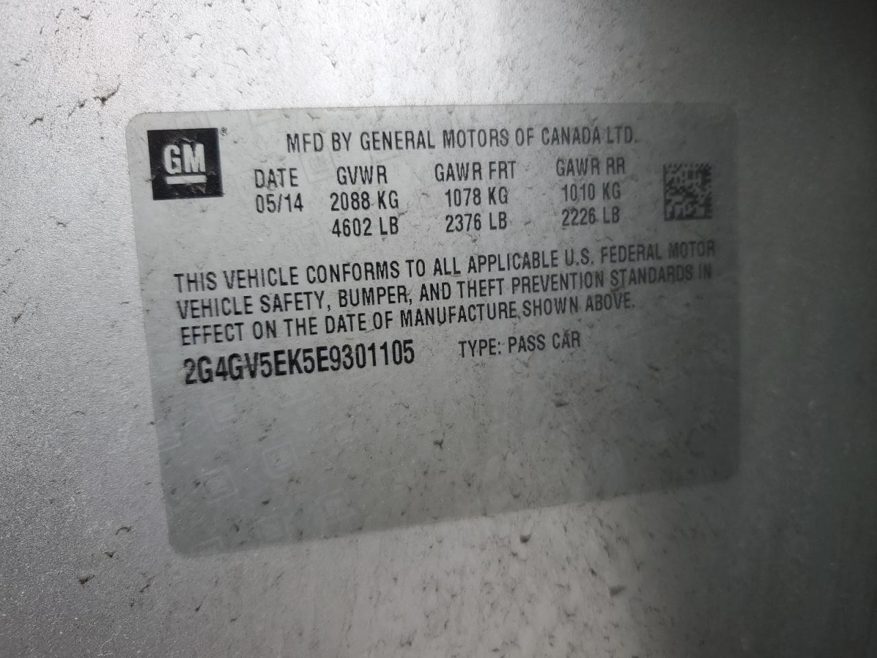 2014 Buick Regal VIN: 2G4GV5EK5E9301105 Lot: 48308885