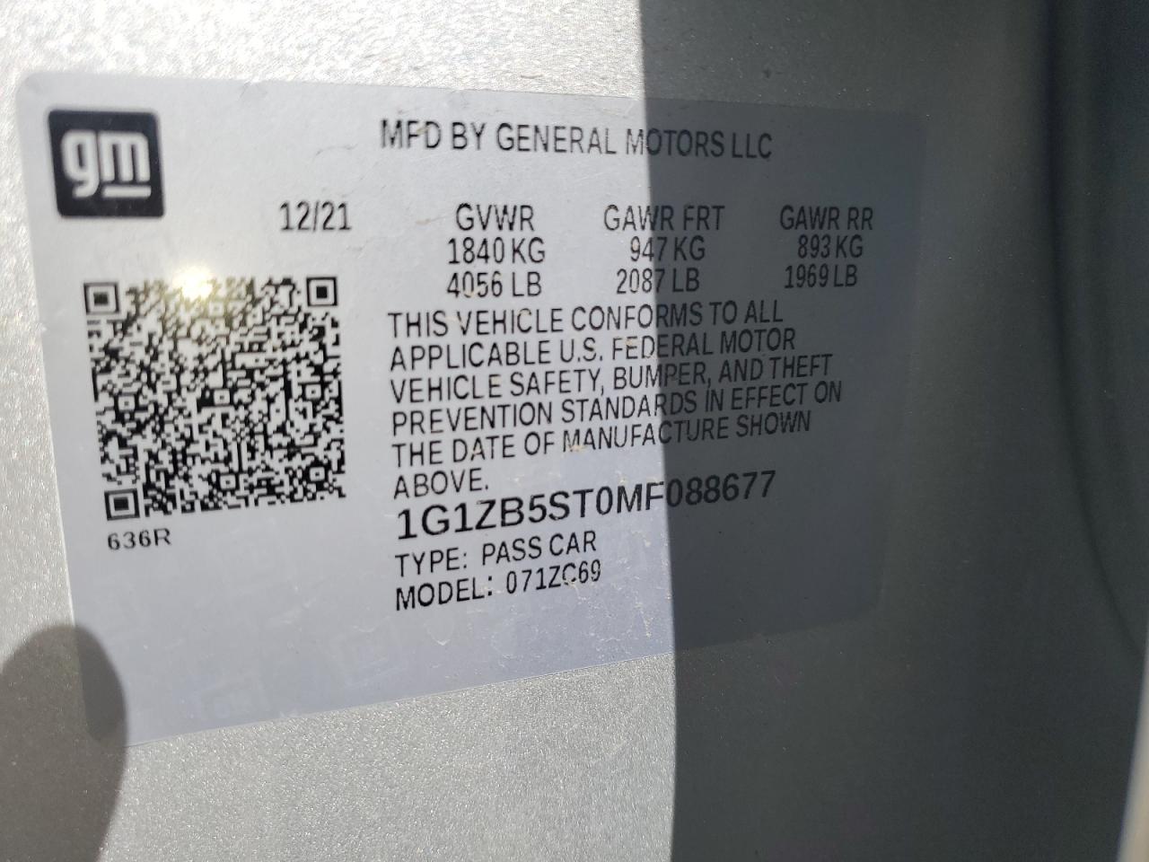 2021 Chevrolet Malibu Ls VIN: 1G1ZB5ST0MF088677 Lot: 50569065