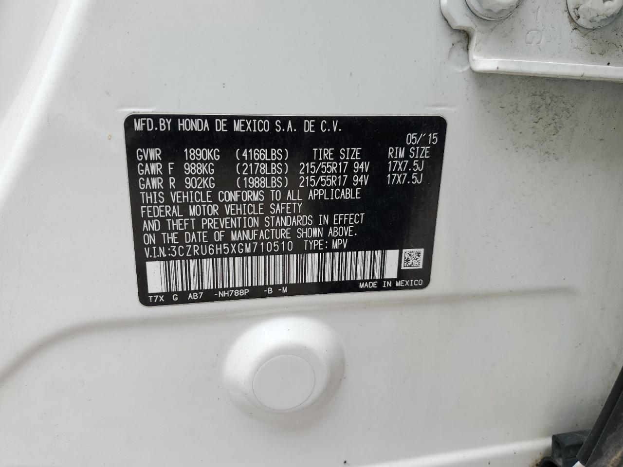 3CZRU6H5XGM710510 HONDA HR-V 2016