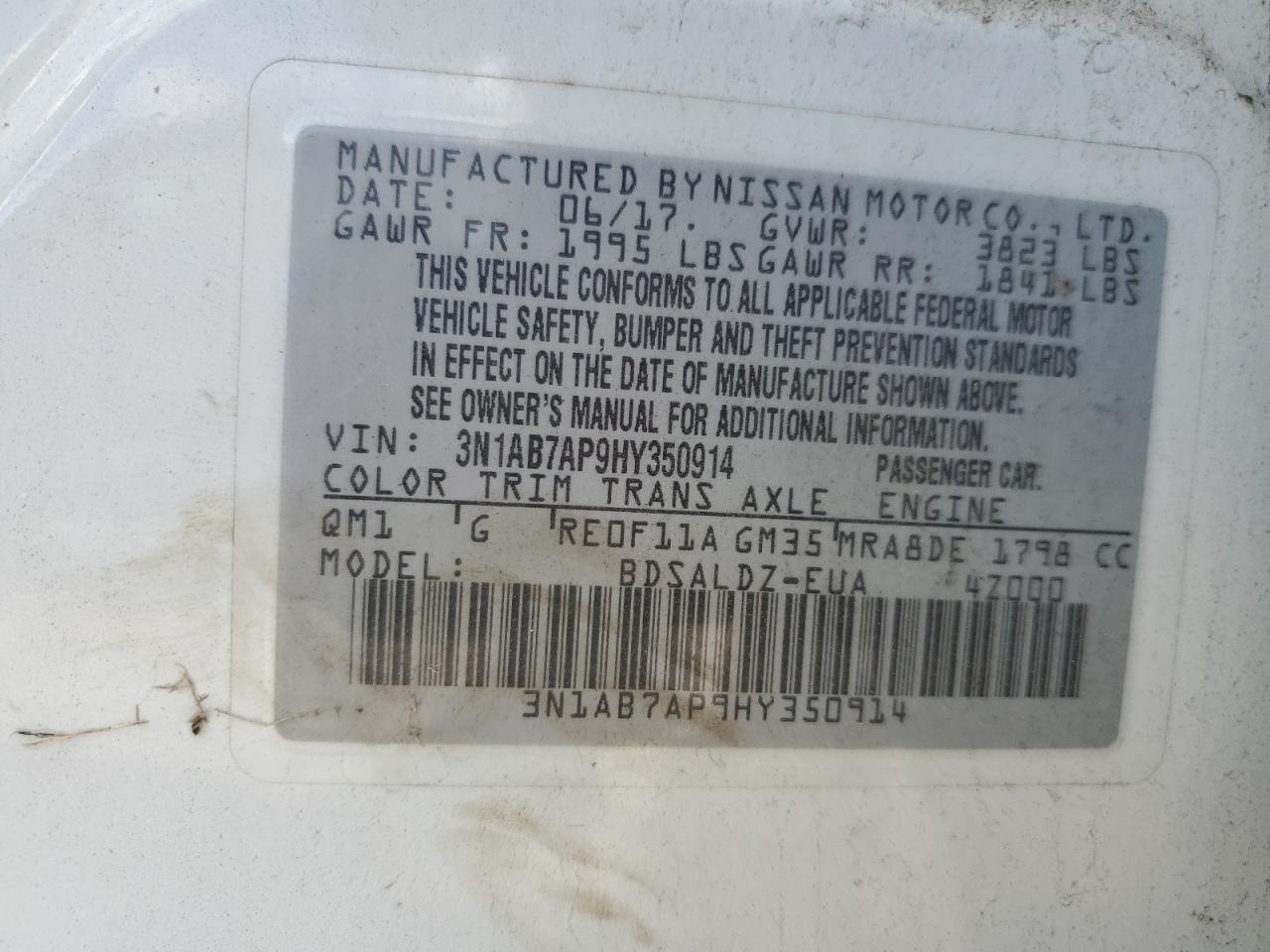 3N1AB7AP9HY350914 NISSAN SENTRA 2017