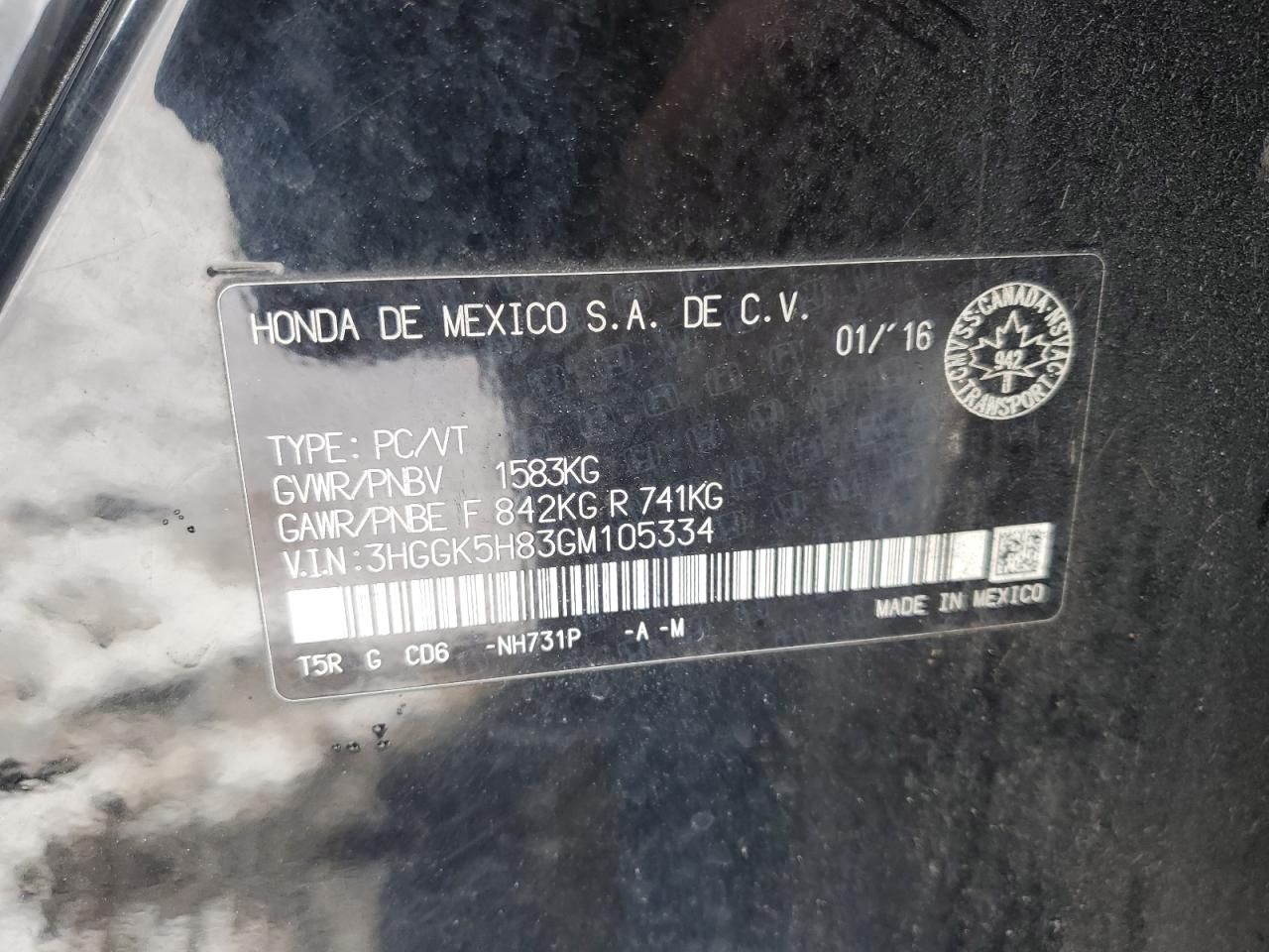 3HGGK5H83GM105334 HONDA FIT 2016