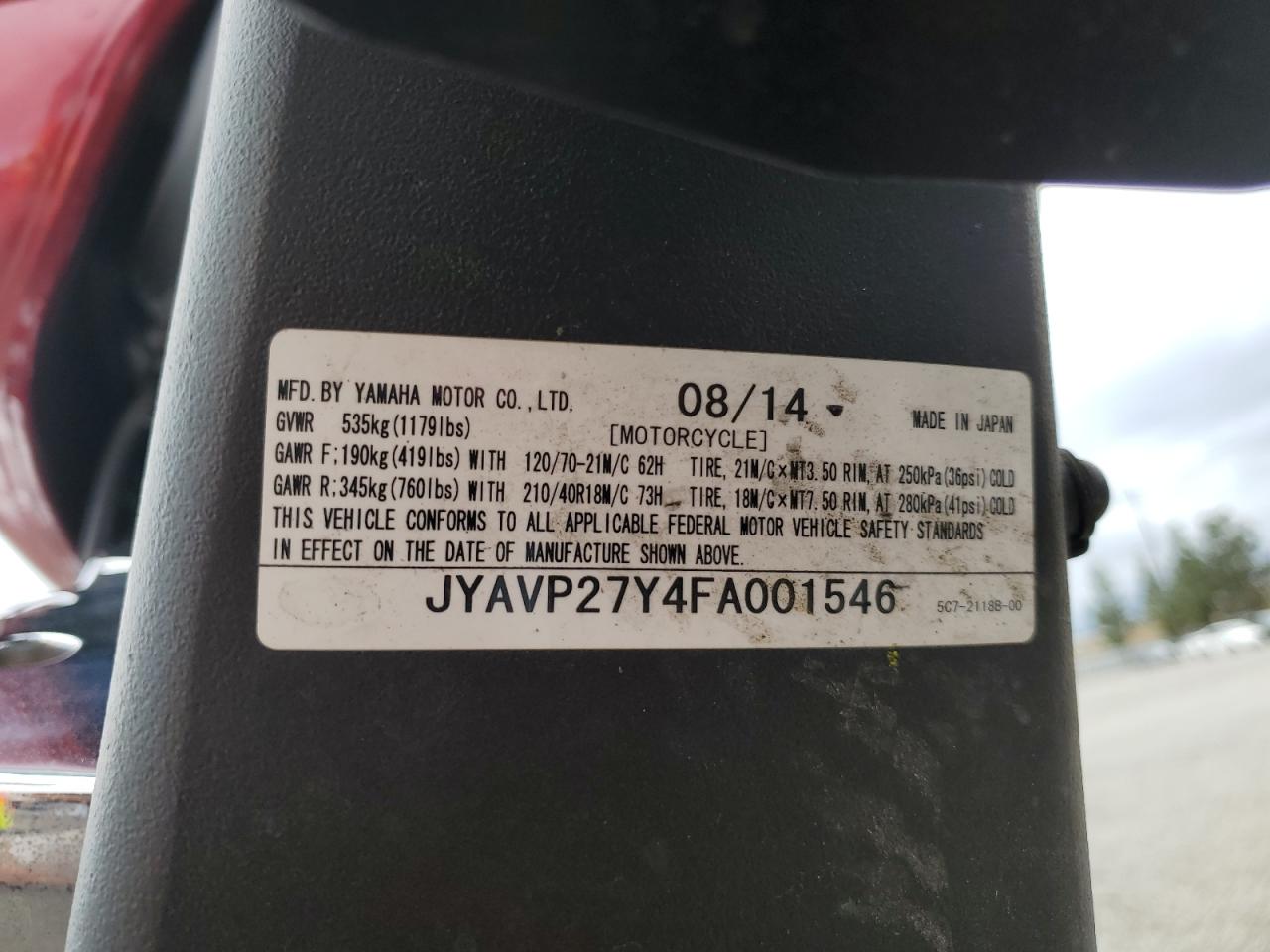2015 Yamaha Xv1900 Cuc VIN: JYAVP27Y4FA001546 Lot: 49353535