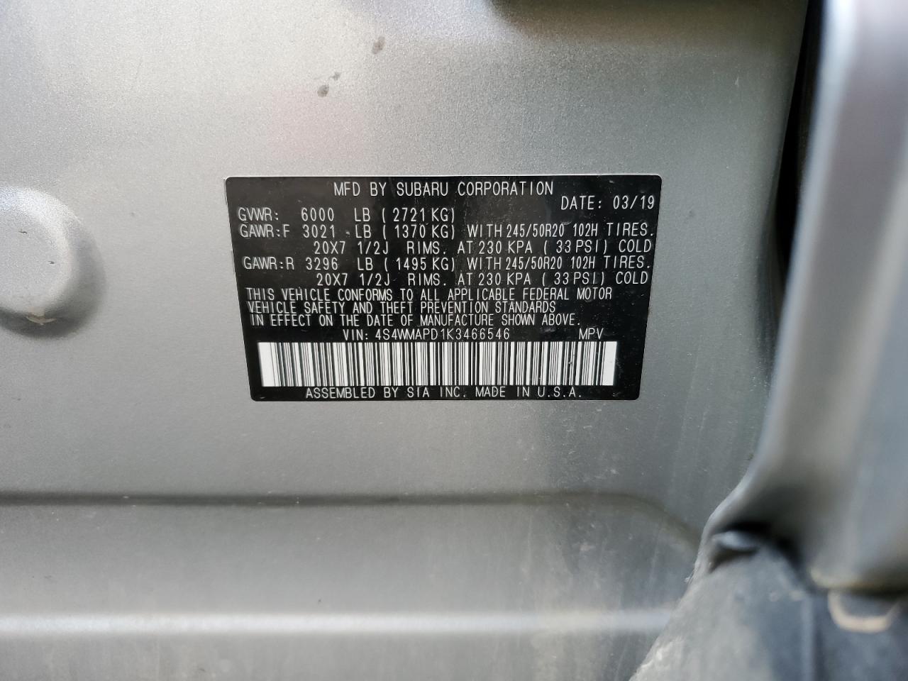 2019 Subaru Ascent Limited VIN: 4S4WMAPD1K3466546 Lot: 50221915
