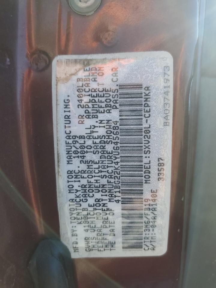 2000 Toyota Camry Ce VIN: 4T1BG22K4YU645684 Lot: 50883715