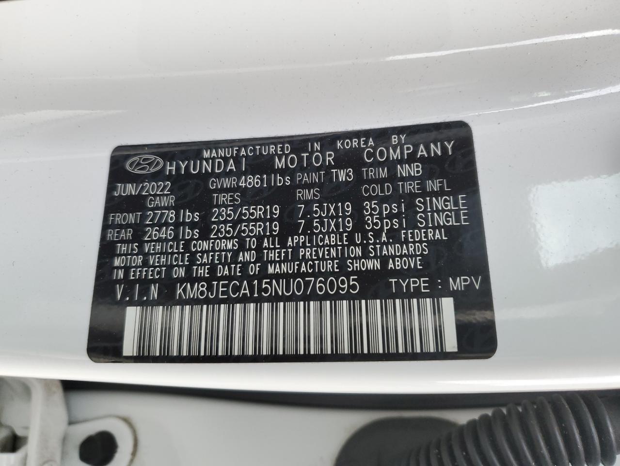 2022 Hyundai Tucson Limited VIN: KM8JECA15NU076095 Lot: 49708725