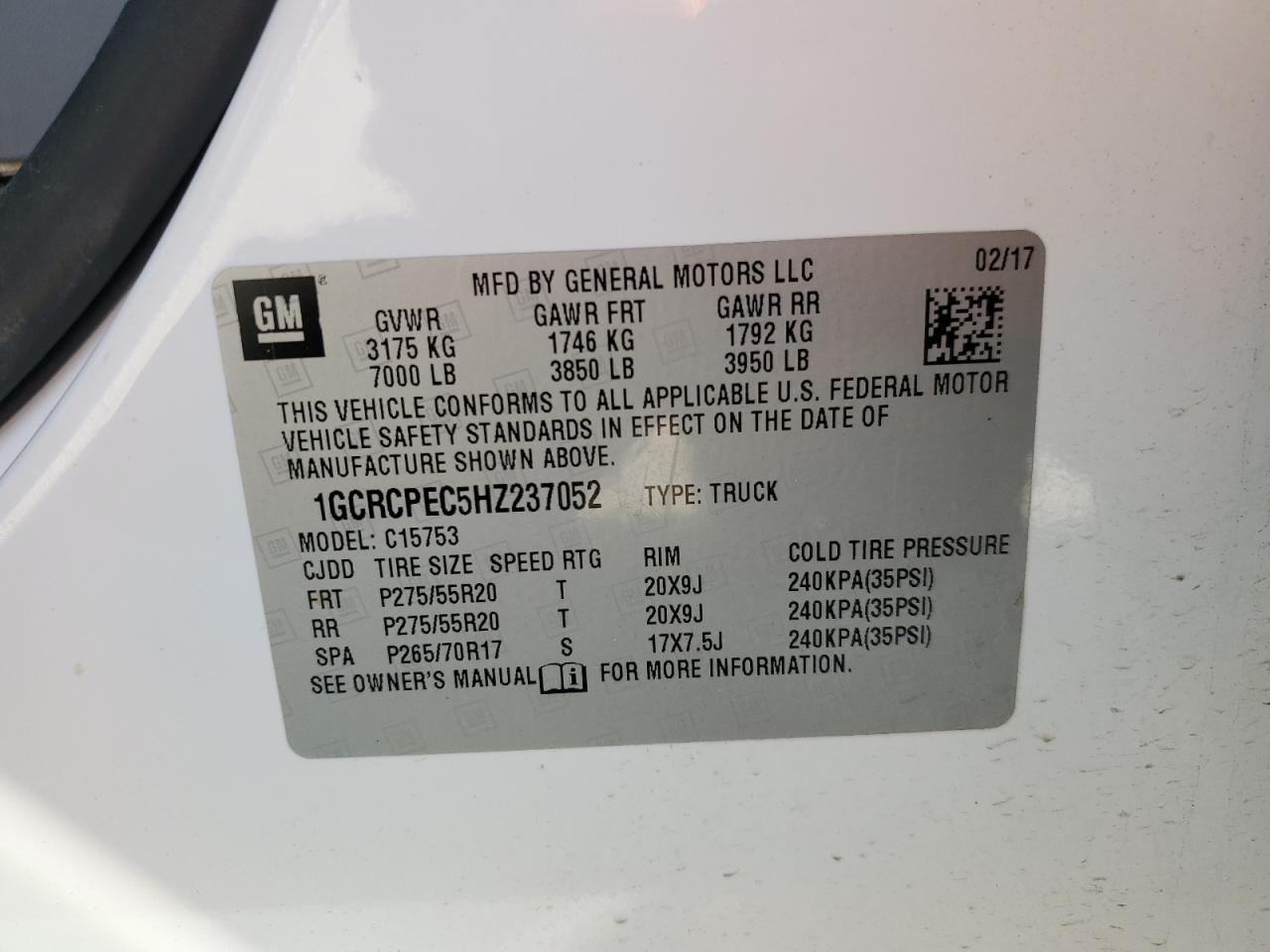 1GCRCPEC5HZ237052 CHEVROLET ALL Models 2017