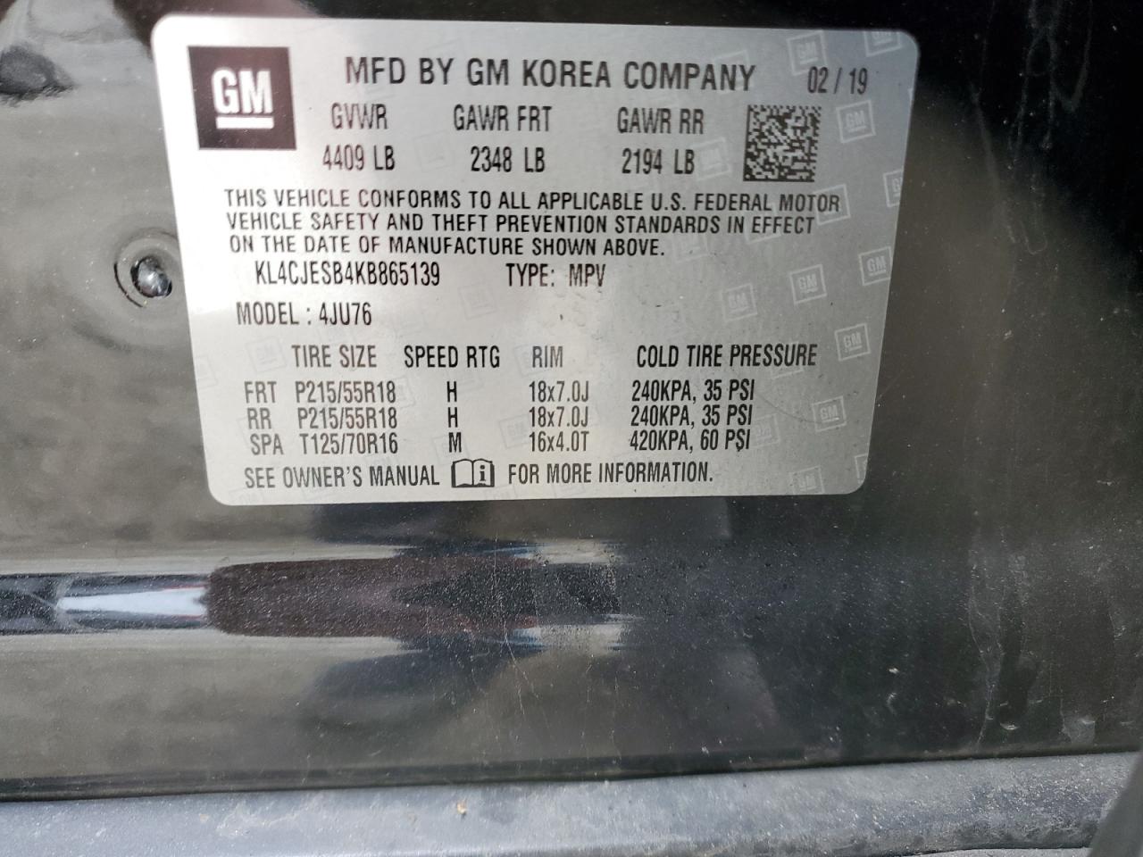 2019 Buick Encore Preferred VIN: KL4CJESB4KB865139 Lot: 50790545