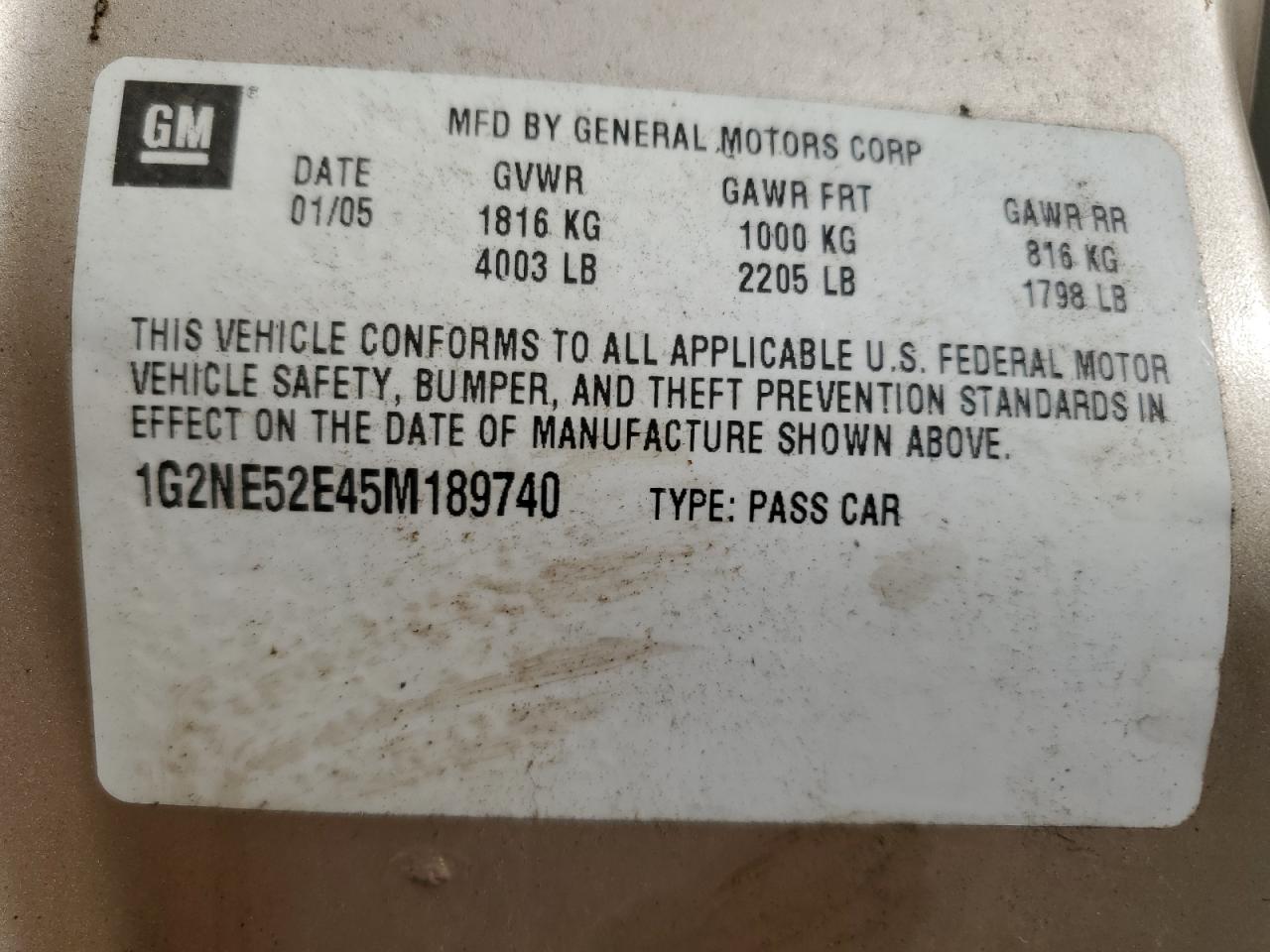 2005 Pontiac Grand Am Se VIN: 1G2NE52E45M189740 Lot: 52182685