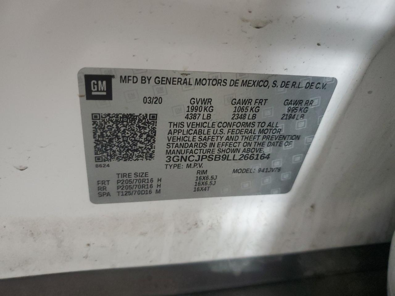 3GNCJPSB9LL266164 CHEVROLET TRAX 2020