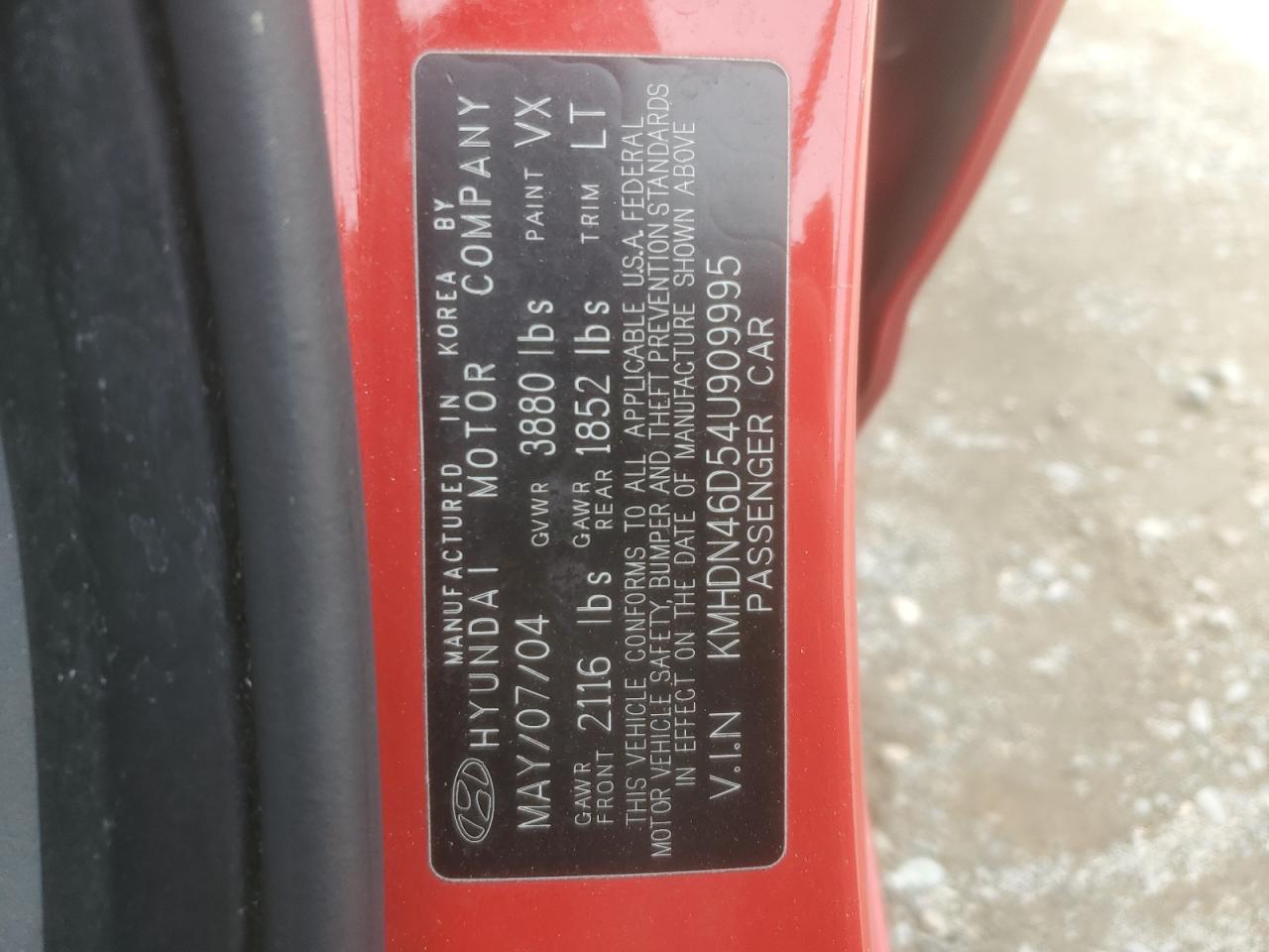 2004 Hyundai Elantra Gls VIN: KMHDN46D54U909995 Lot: 49708745