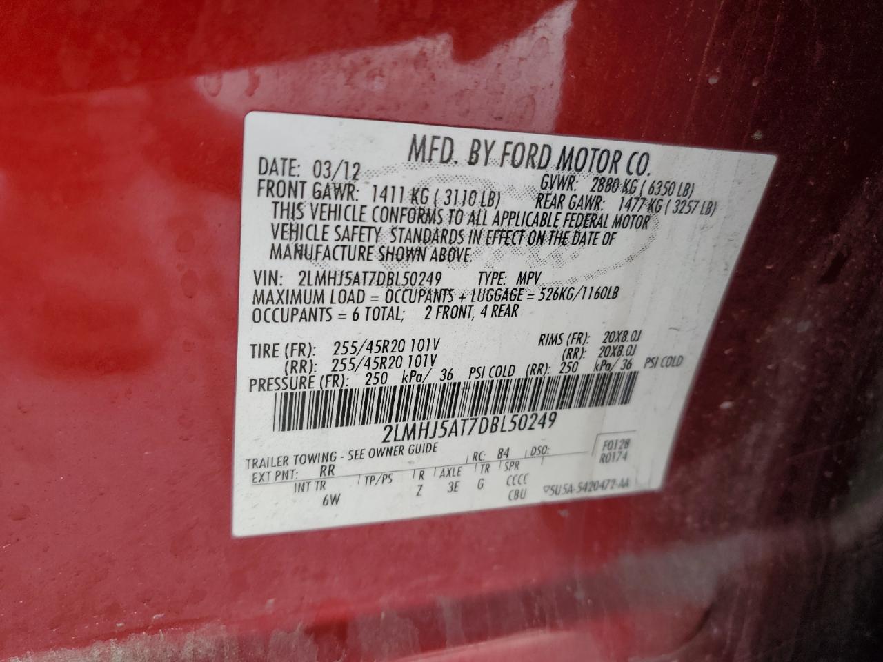 2013 Lincoln Mkt VIN: 2LMHJ5AT7DBL50249 Lot: 54658245