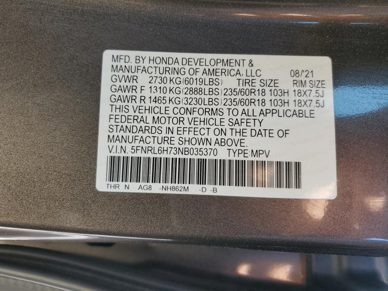 2022 Honda Odyssey Exl VIN: 5FNRL6H73NB035370 Lot: 50181905